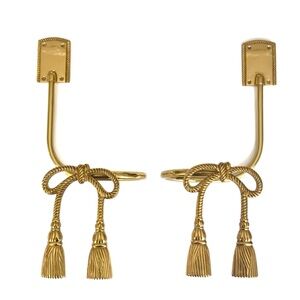 Vintage Pair Brass Bow Tassel Curtain Holdbacks in style of Dorothy Draper